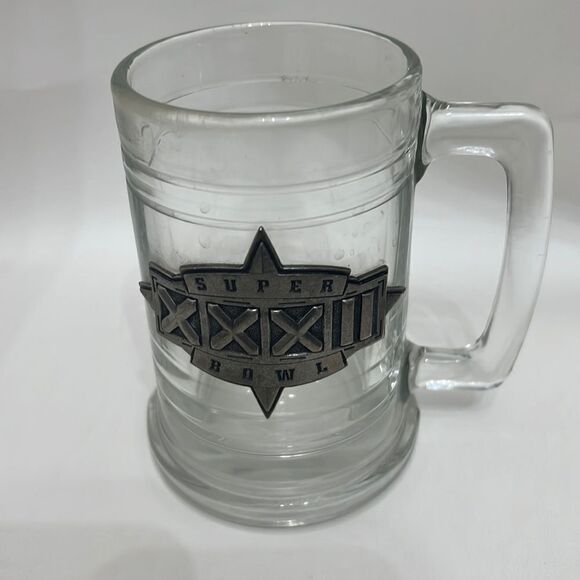 Super Bowl XXXII Beer Mug 12 Oz Glass Stein Silver Metal Vintage Classic Heavy - Picture 1 of 7